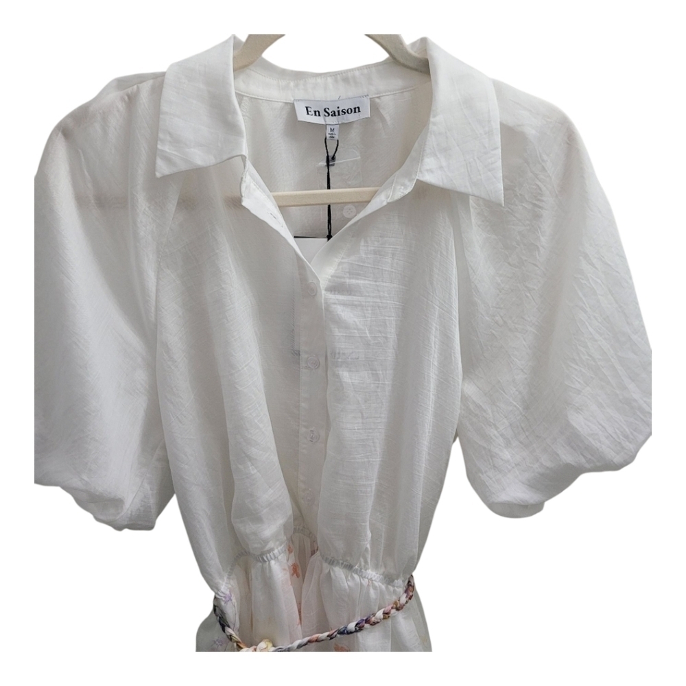 En Saison Taylorann Mini Dress Waist-Tie Bubble Sleeves Size Medium - Picture 8 of 14